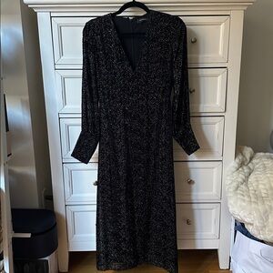 Club Monaco Deep V Burnout Dress in black with a velvet micro-dot pattern